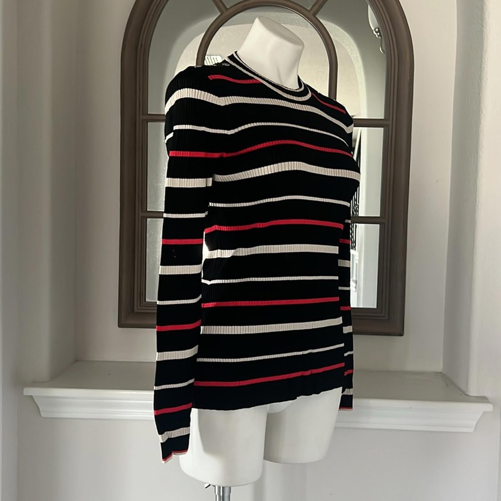 ST JOHN Stripe Crewneck Sweater, Cavair/Tikka Red Multi Size M New w/Tag
