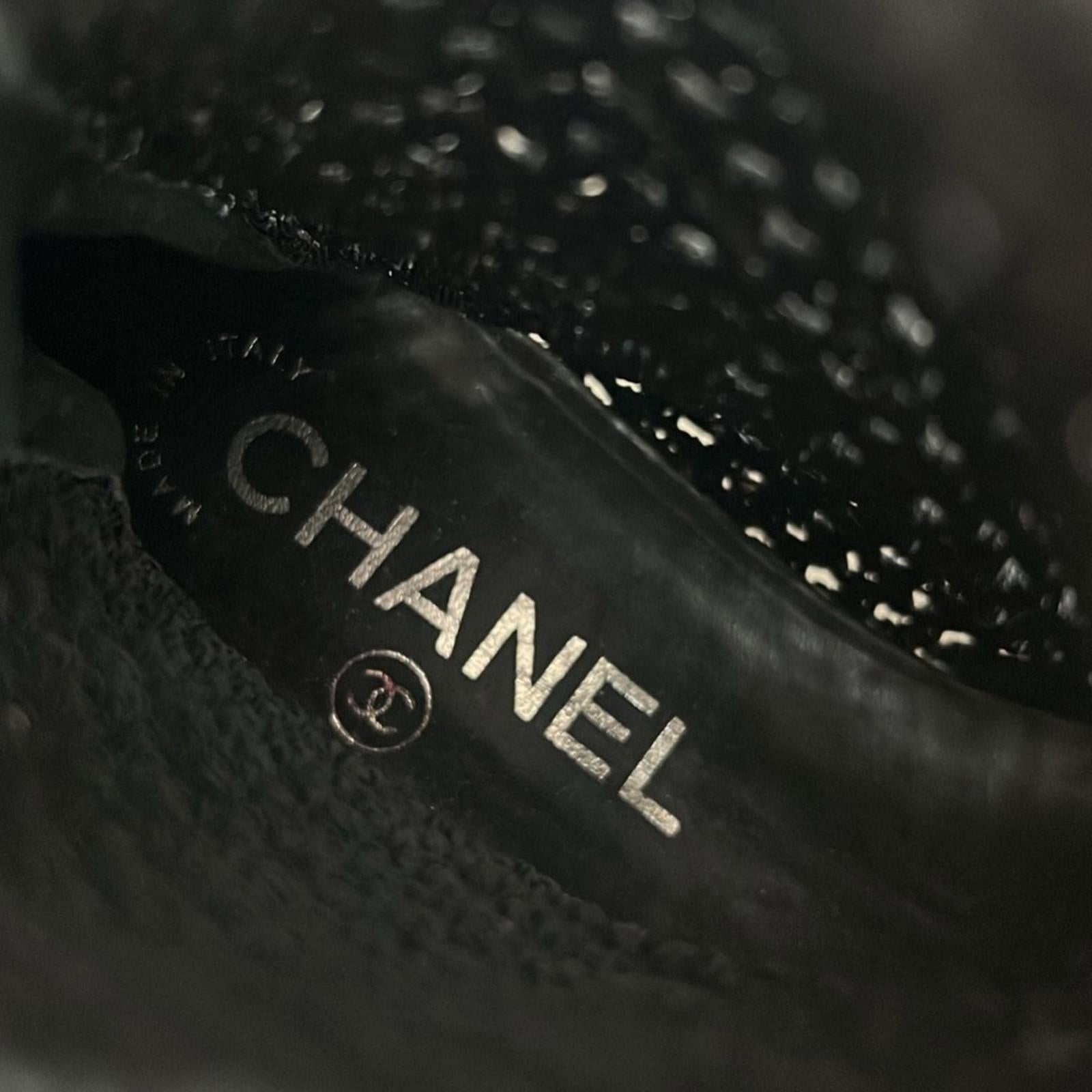 Rare CHANEL Crochet Patent Leather Cap Toe Sock Booties in Black, Size 35