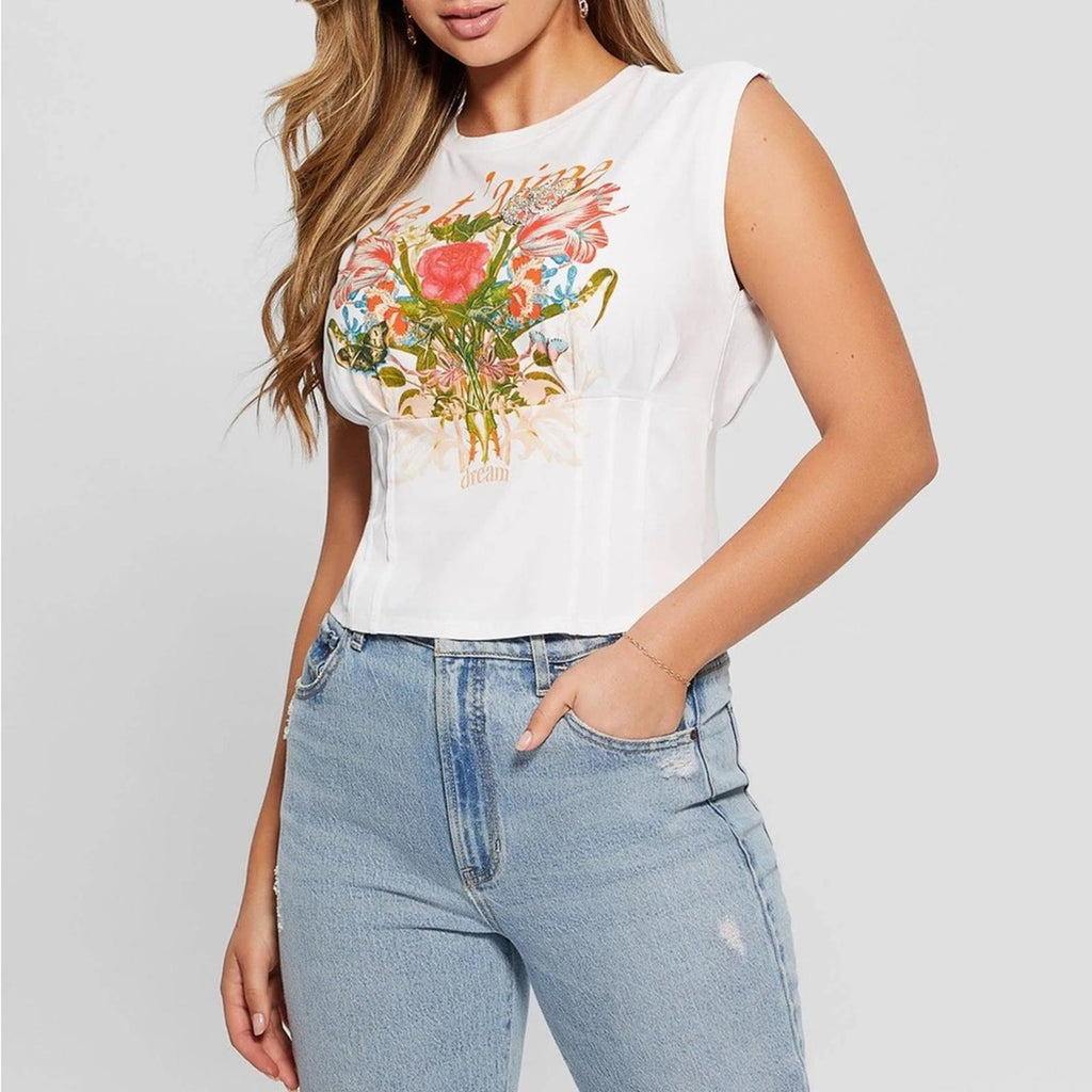 NEW Guess Eco JE T'aime Corset Tee, Pure White, Short Cap Sleeves Size XL, NWT