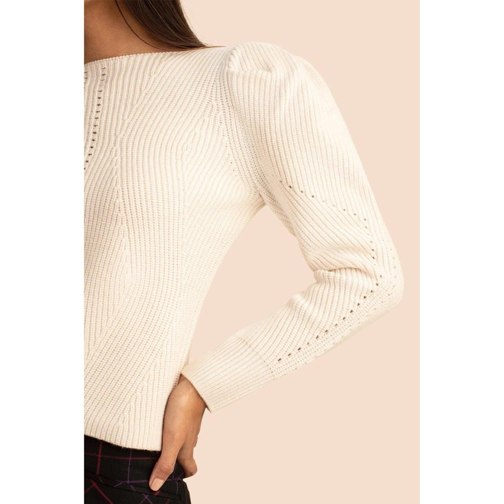 Trina Turk Dalhart Mixed-Stitch Puff-Shoulder Sweater in Ecru, Size L New w/Tag