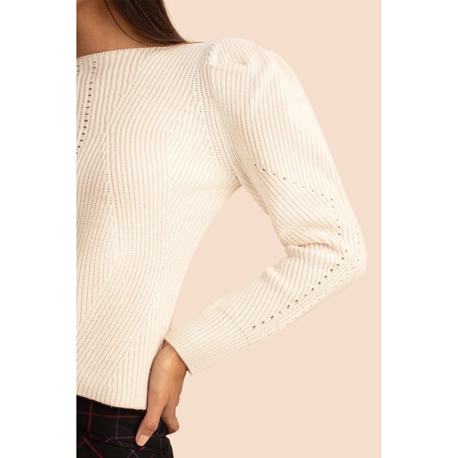 Trina Turk Dalhart Mixed-Stitch Puff-Shoulder Sweater in Ecru, Size L New w/Tag