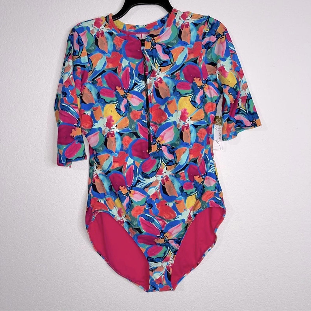 Anne Cole Amalfi Floral Half Zip Front Rash Guard One Piece Swimsuit Size 16 NWT