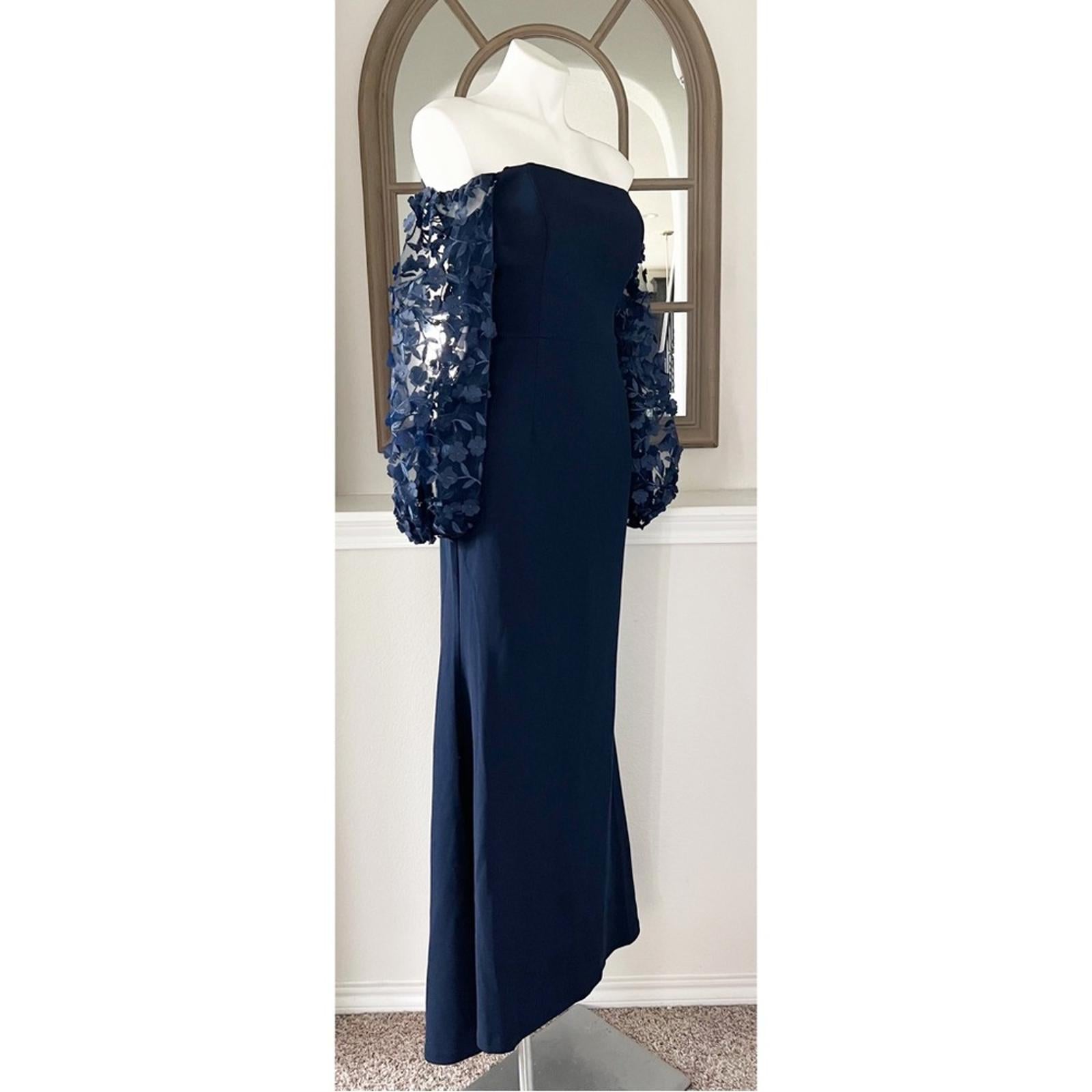 Eliza J. Off-the-Shoulder Mesh-Sleeve Gown in Navy, Size 4, New w/Tag