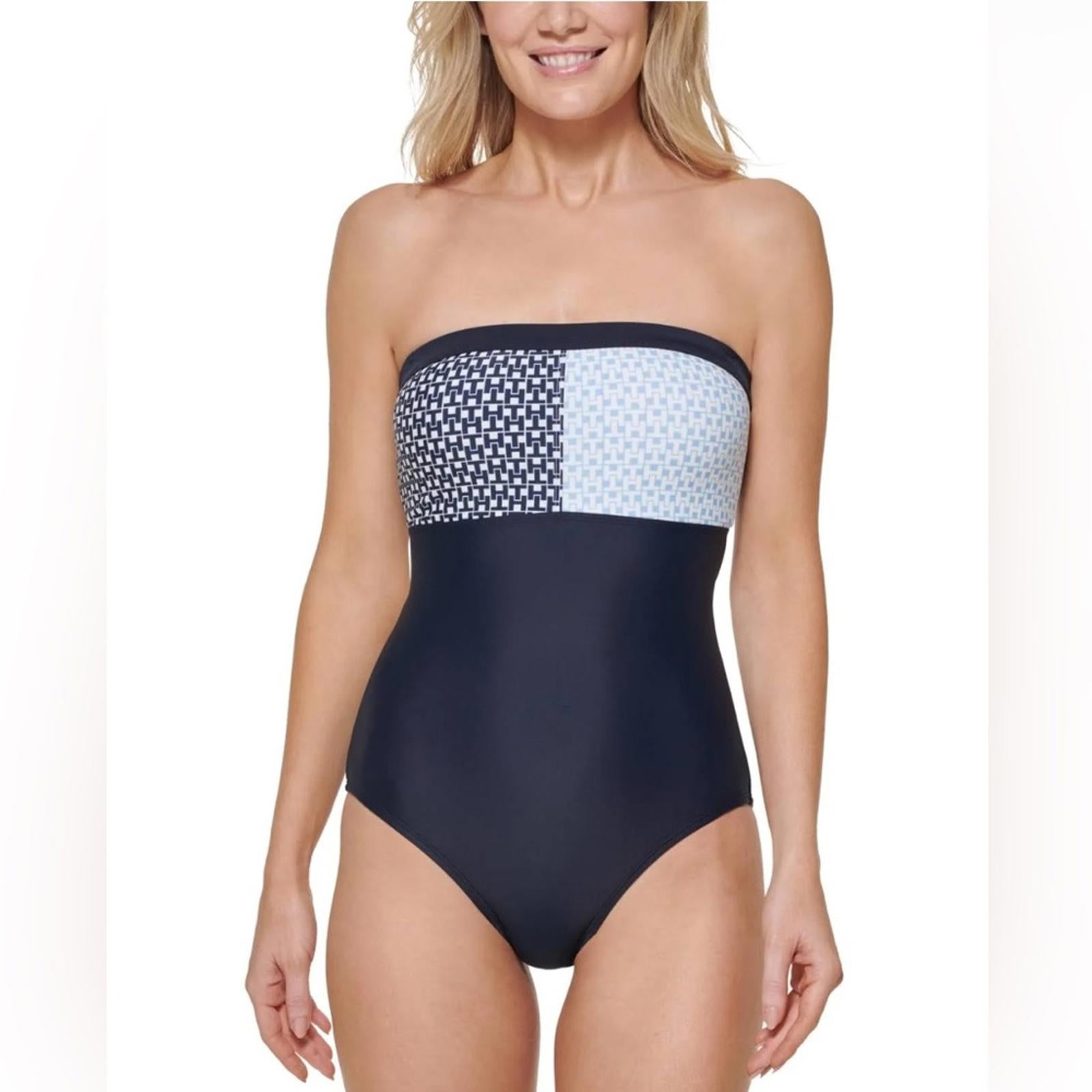 Tommy Hilfiger Iconic Bandeau One-Piece Swimsuit in Sky Captain Multi Size L NWT