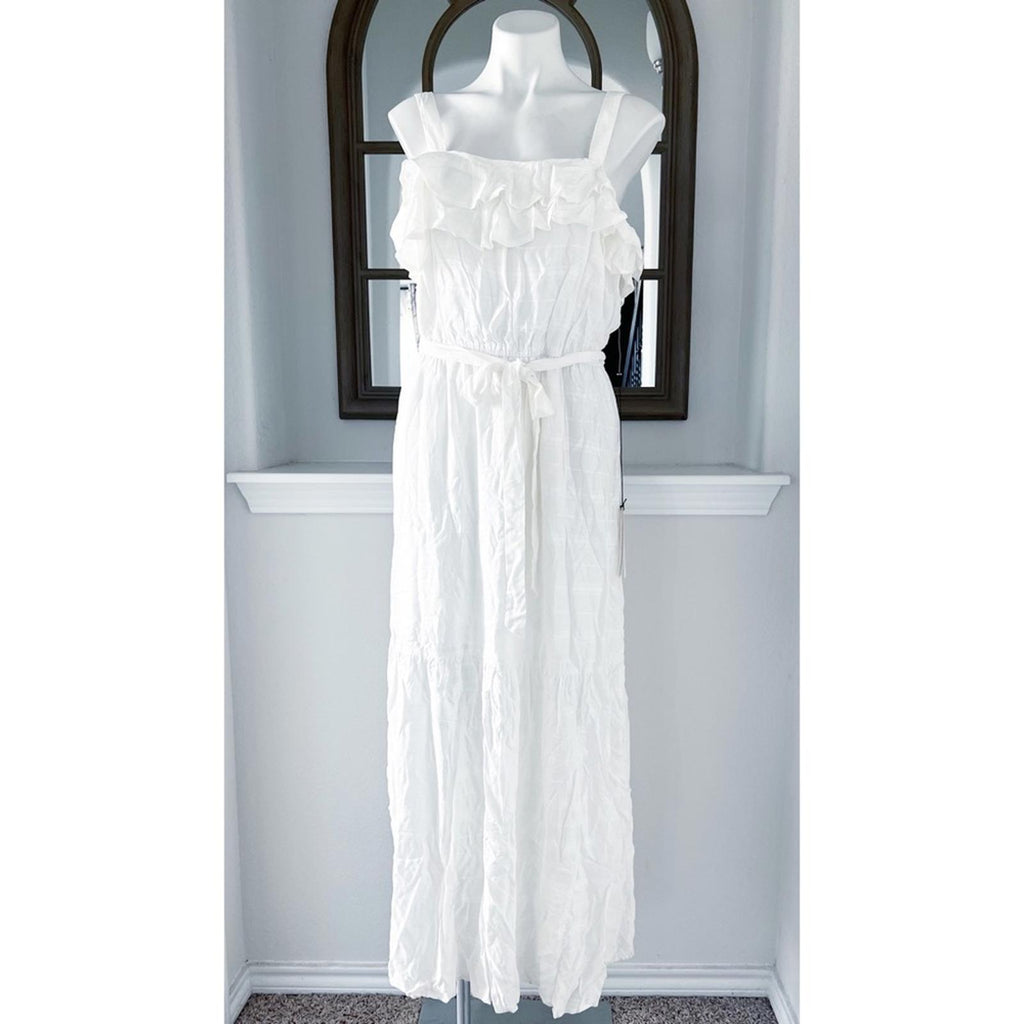 June & Hudson Belted Tiered Maxi Dress in White, NWT, Size XL