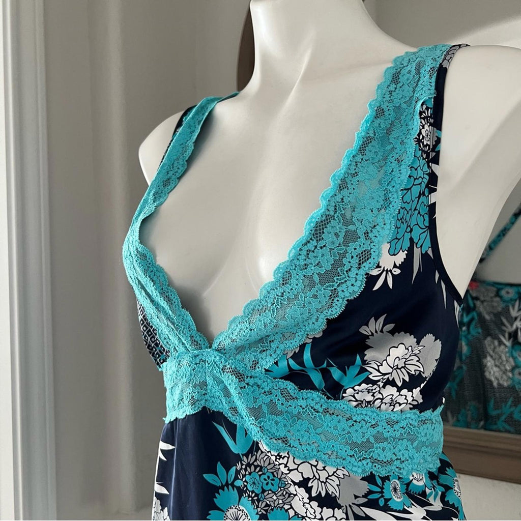 Jones NY Floral Lace Trim Lingerie Satin Sleepwear Dress, Size XL Blue Multi