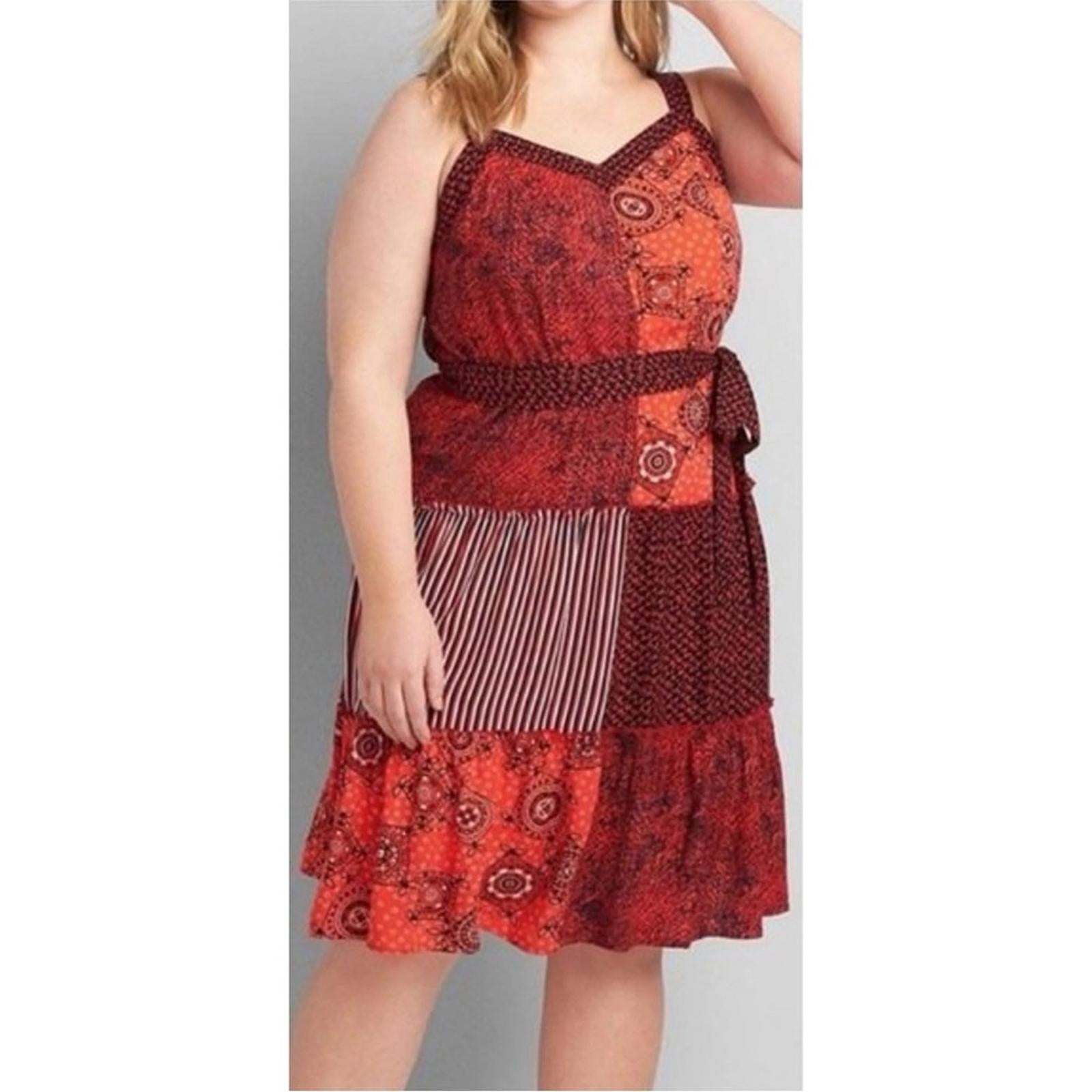 Lane Bryant Red Patchwork Print Midi Dress w/Belt, NWT, Size 14