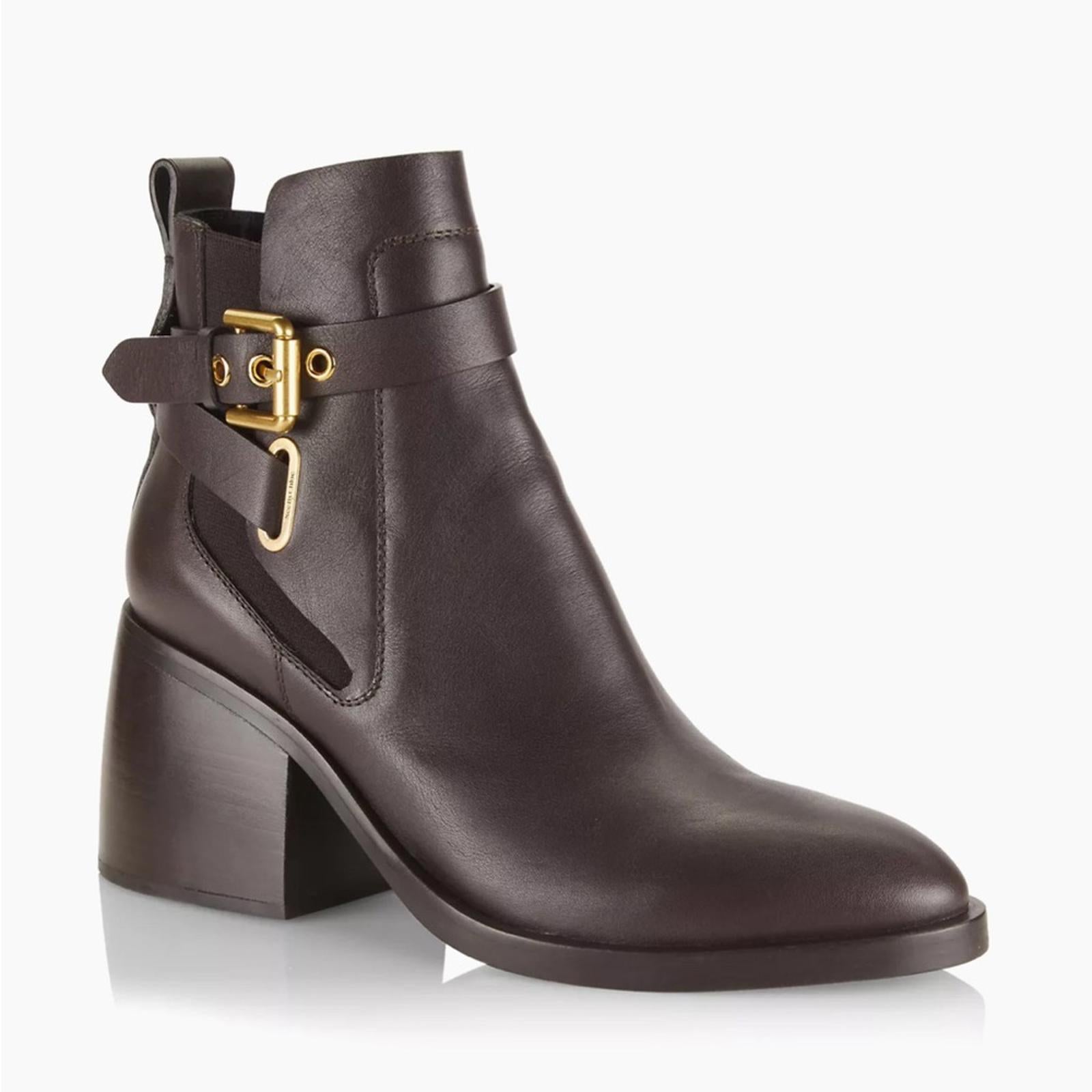 See by Chloé Dark Brown Calf Averi Block Heel Leather Bootie, Size 41 w/DustBag