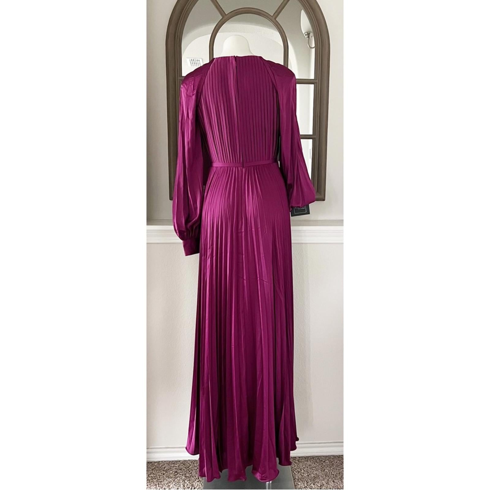 Mac Duggal IEENA Pleated Long Sleeve Satin Gown, Purple Size 8 New w/Tag $498