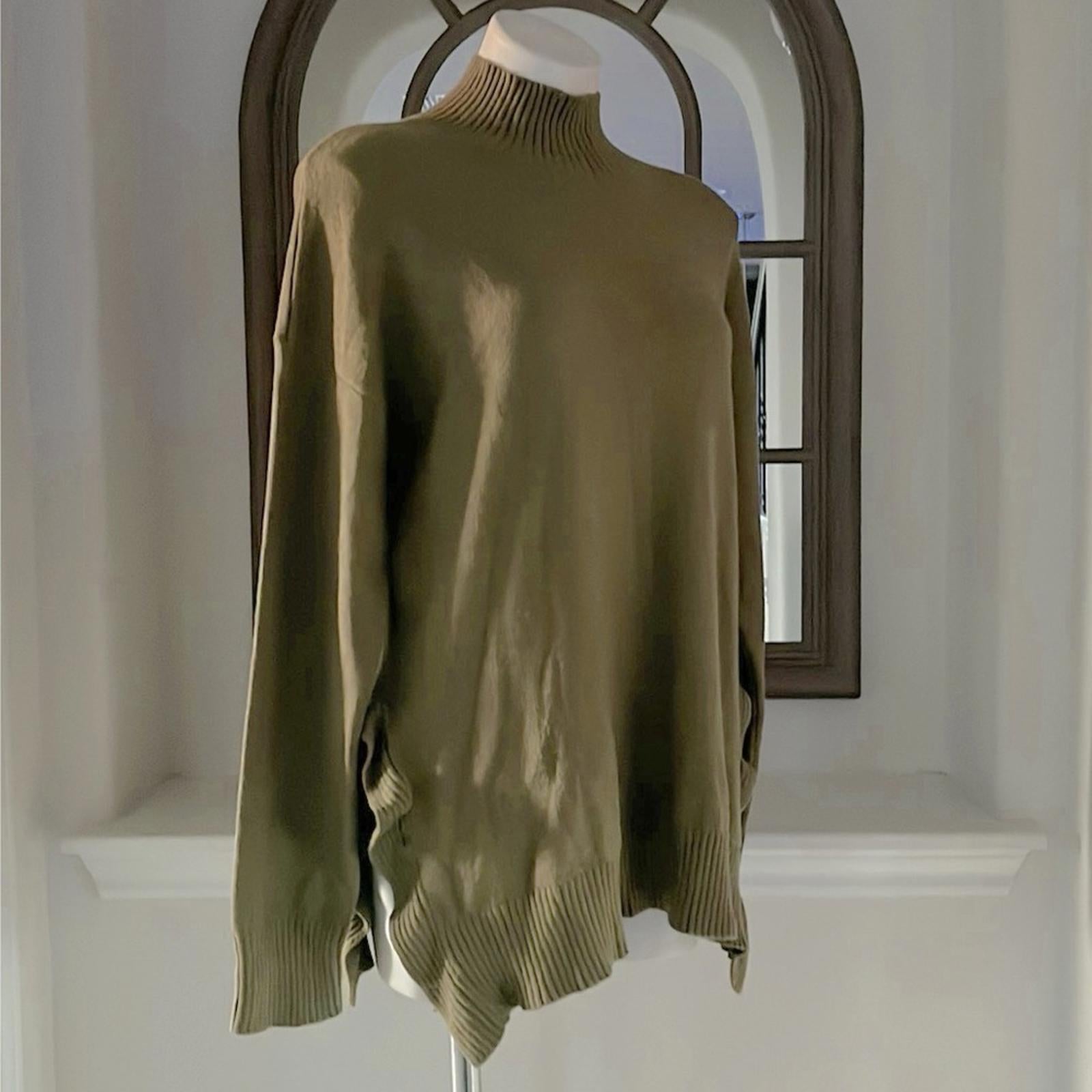 Cupio Ribbed Trim Ruffled Mock Turtleneck Sweater in Olive, Size L New w/Tag