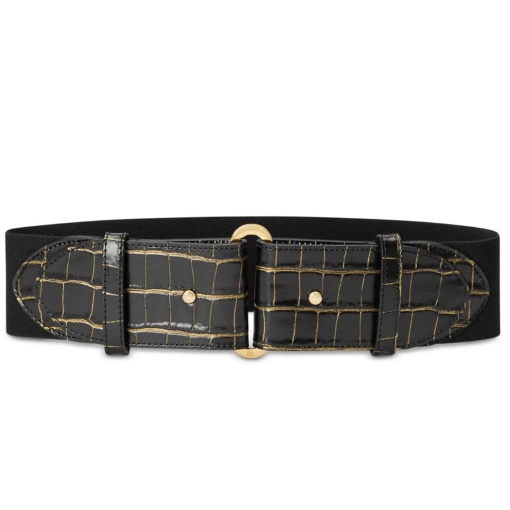 Ralph Lauren Embossed Leather Tab-Stretch Wide Belt Black/Gold NWT Sold Out!