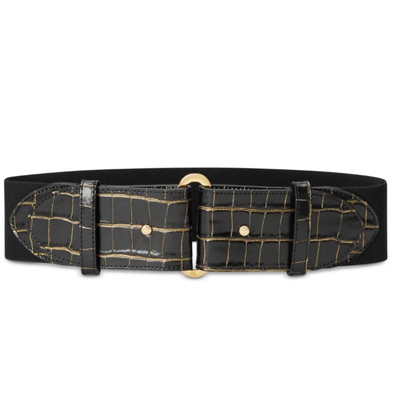 Ralph Lauren Embossed Leather Tab-Stretch Wide Belt Black/Gold NWT Sold Out!