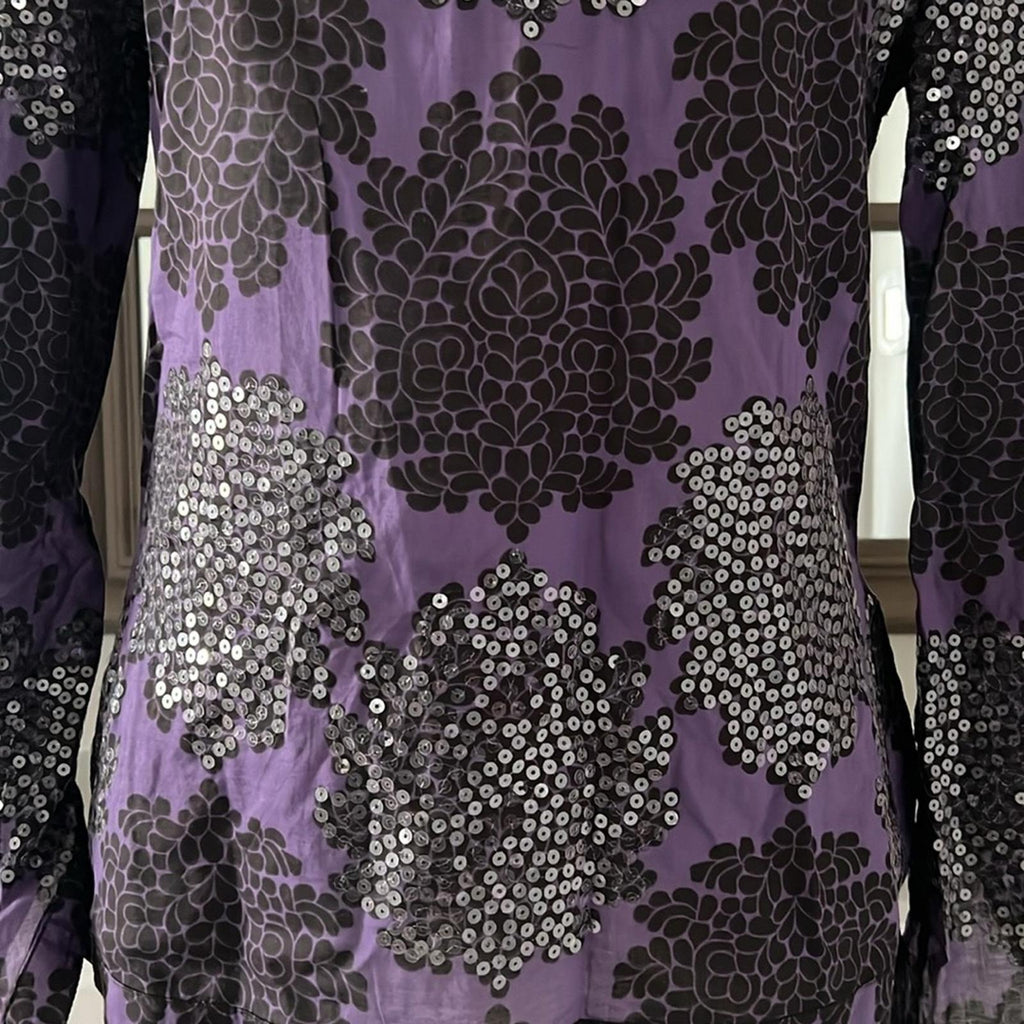Tory Burch Black Flowers Blouse, Tunic in Purple Grey Size 8