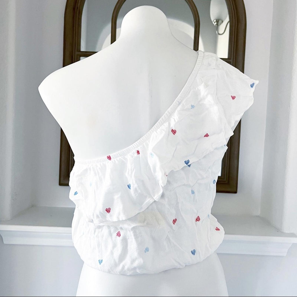 Hippie Rose Tiered One Shoulder Top Red Blue Hearts NWT
