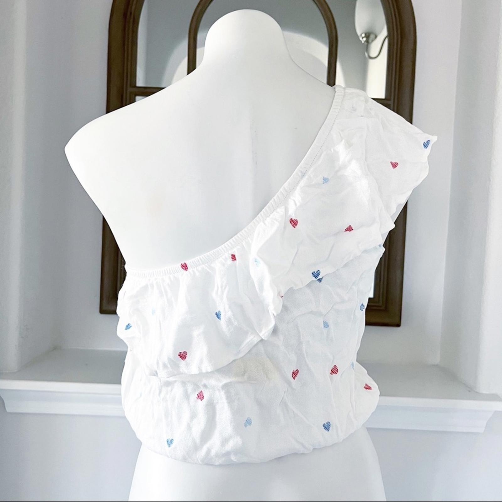 Hippie Rose Tiered One Shoulder Top Red Blue Hearts NWT