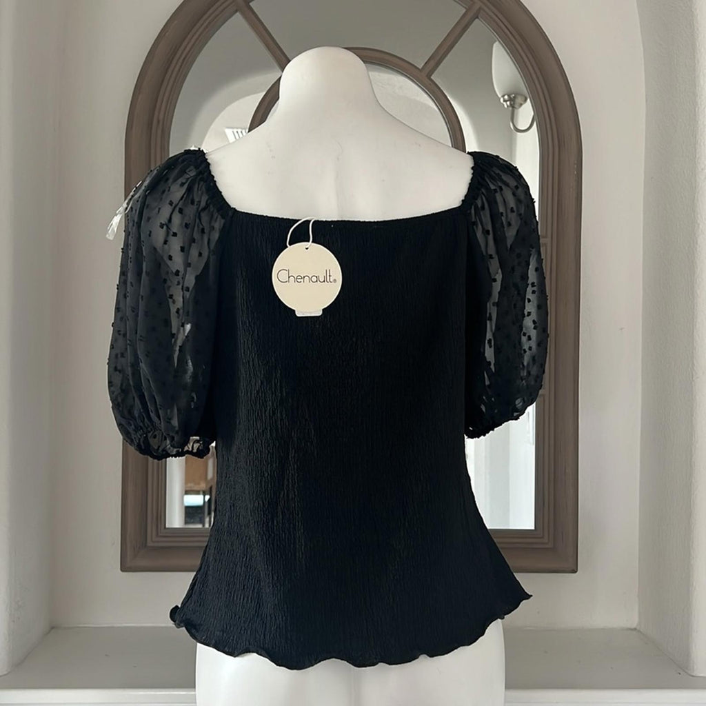 Status by Chenault Smocked Puff Sleeve Top in Black, Size L New w/Tag