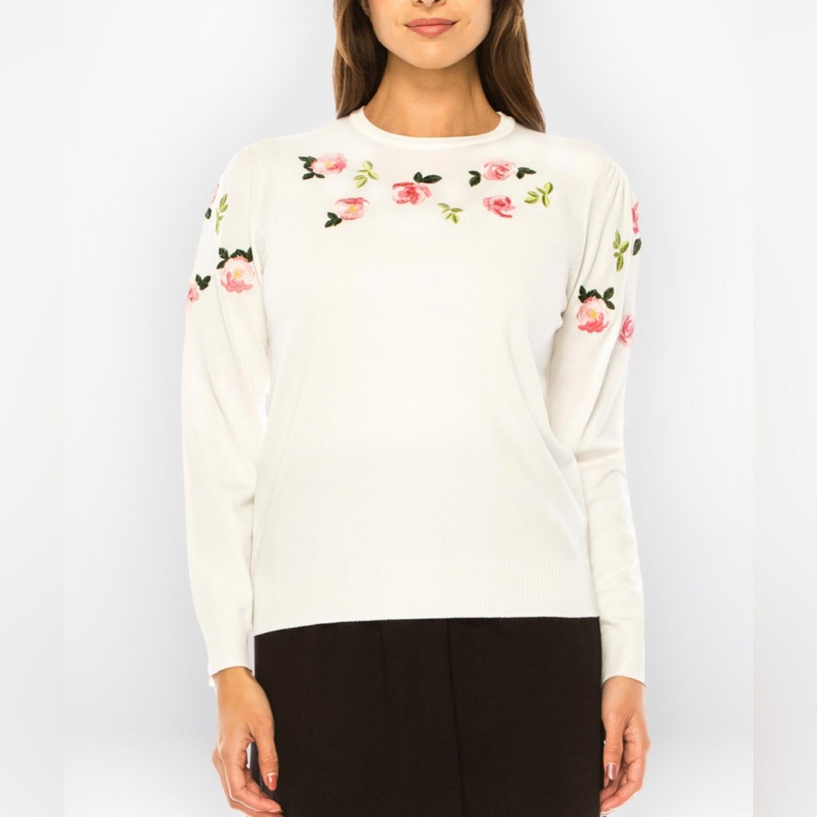 YAL New York Petal Soft White Embroidered Crewneck Sweater, Size XL New w/Tag