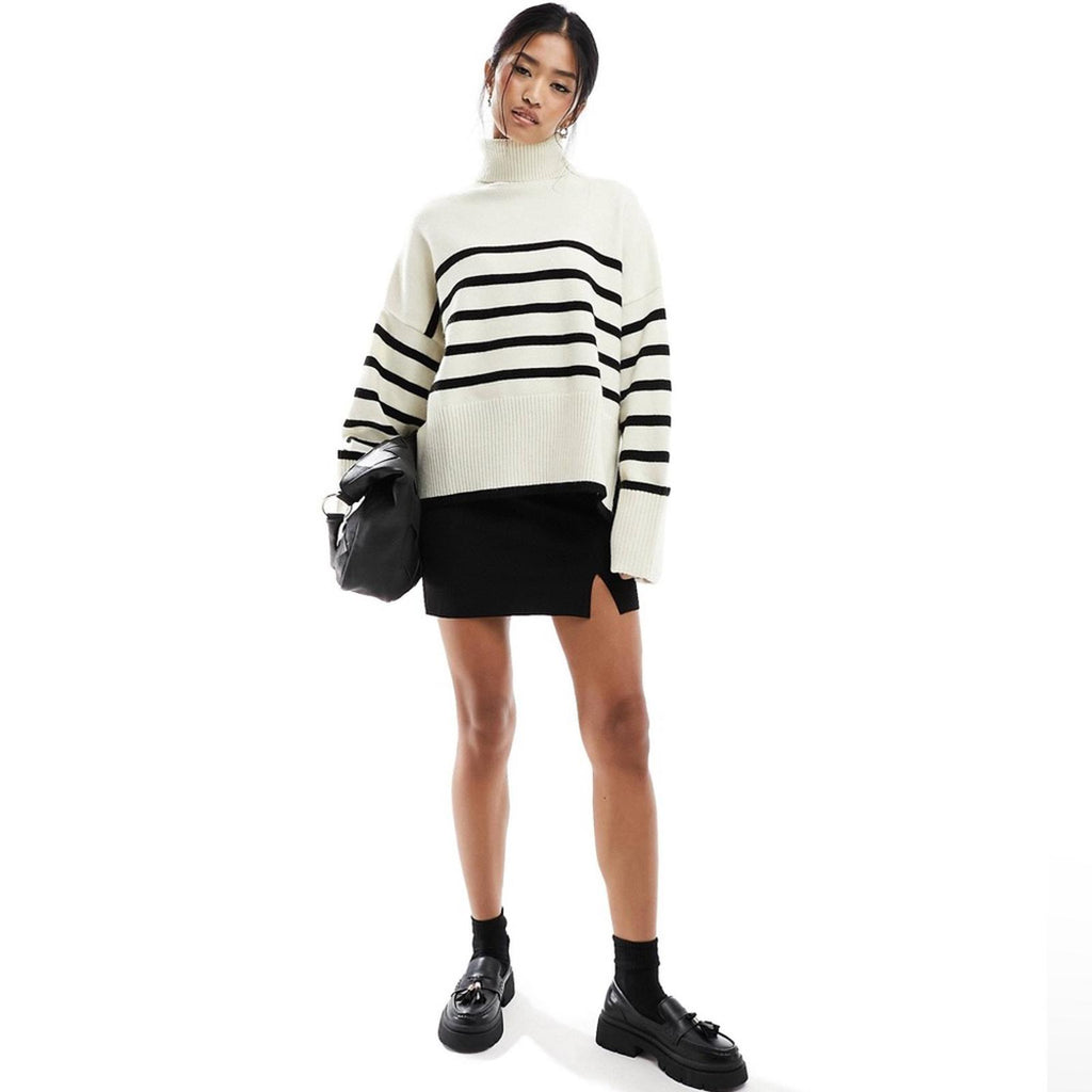 Bershka Roll Neck Sweater in Ecru & Black Stripe Sweater, Size S New w/Tag