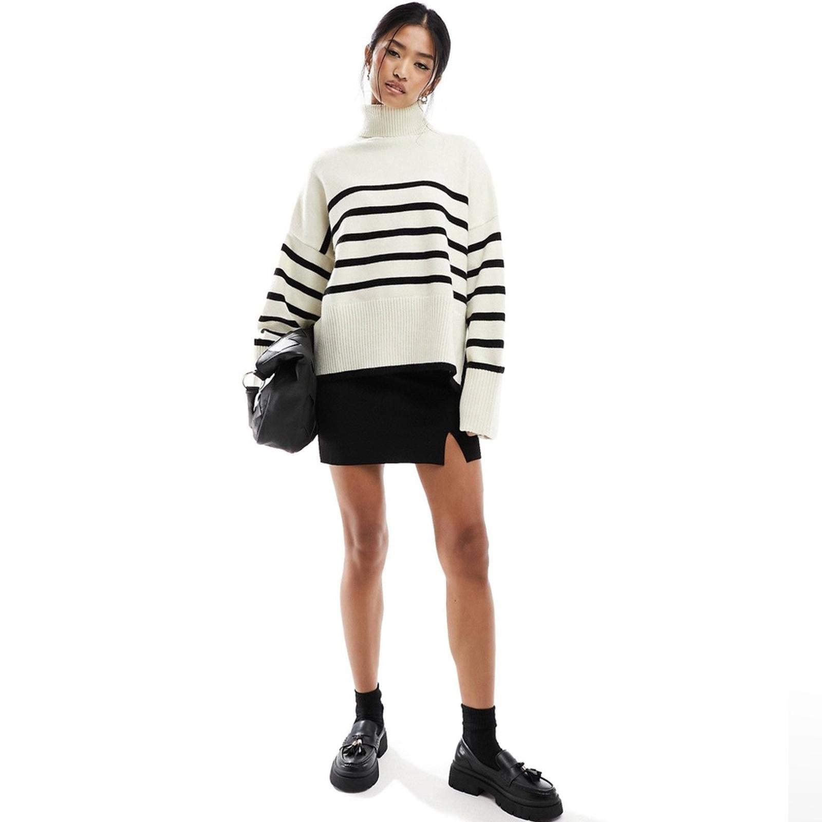 Bershka Roll Neck Sweater in Ecru & Black Stripe Sweater, Size S New w/Tag