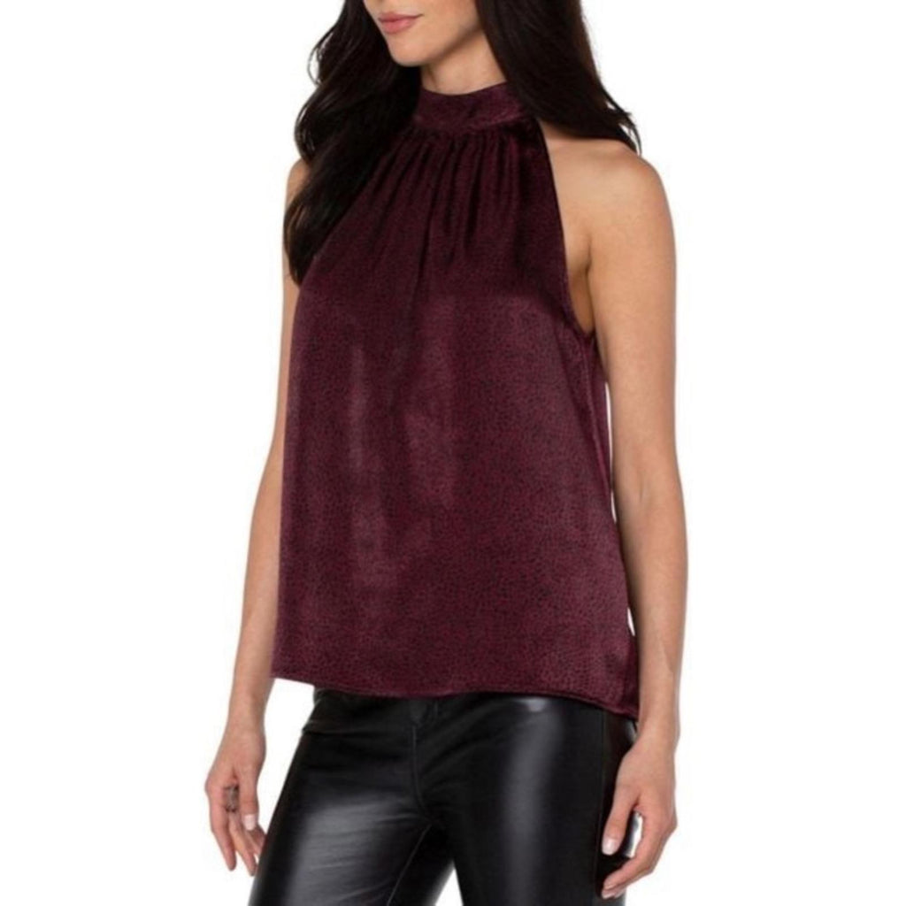 Liverpool Mock Neck Halter Top in Burgundy Leopard Print, NWT, Size S