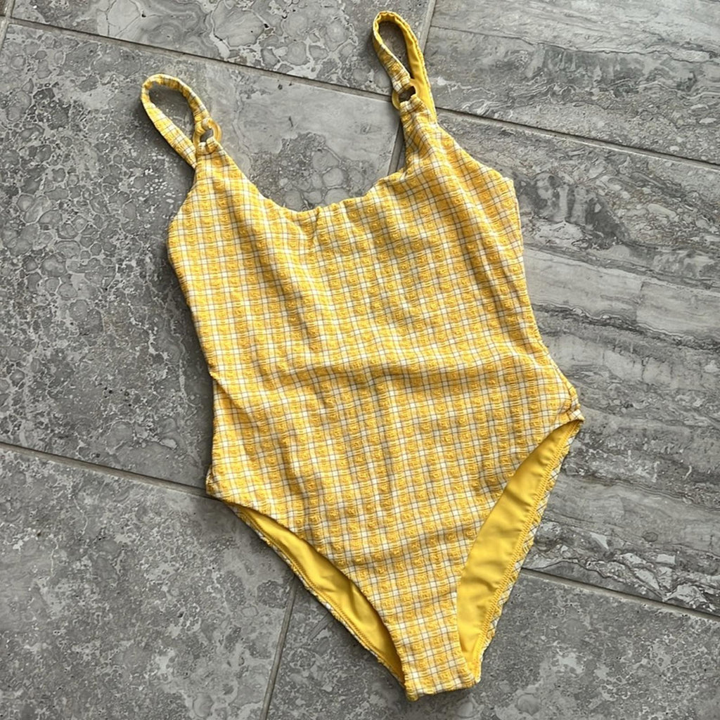 Jonathan Simkhai Rosabel Seersucker Swimsuit, Plaid Daffodil, Size L NWT $275