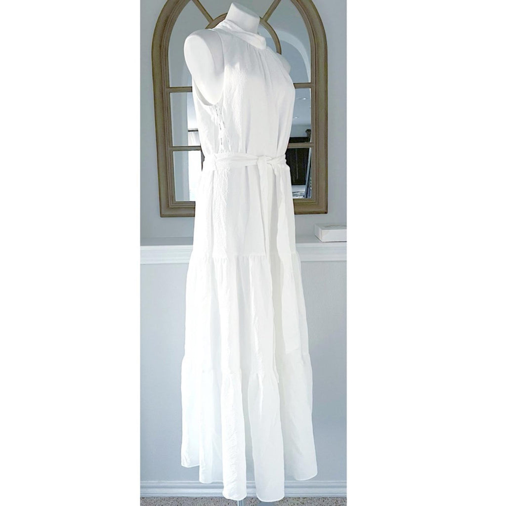 Anne Klein Tie-Neck Tiered Sleeveless Maxi Dress, Size 12 Bright White New w/Tag