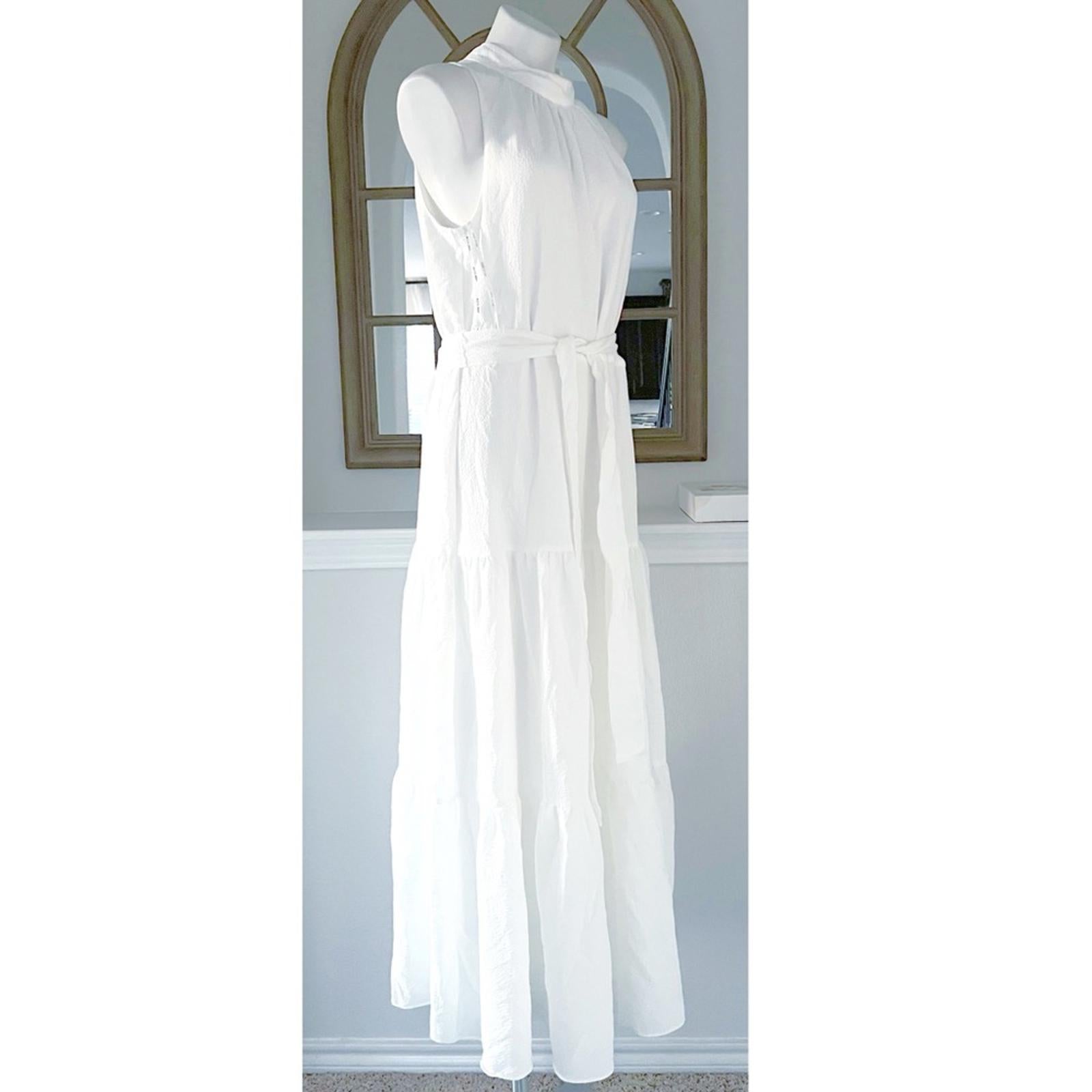 Anne Klein Tie-Neck Tiered Sleeveless Maxi Dress, Size 12 Bright White New w/Tag