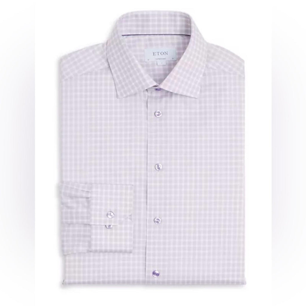 Eton Contemporary Fit Check Cotton Lyocell Shirt in Light Purple, Size 15.5, NEW