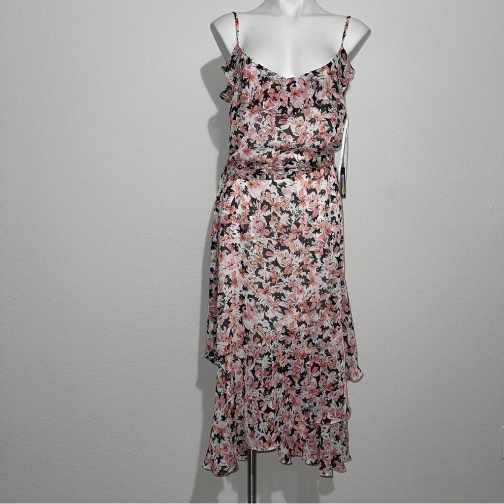 Karl Lagerfeld Paris Floral Ruffled Tie-Waist Chiffon Midi Dress, Size 16 NWT