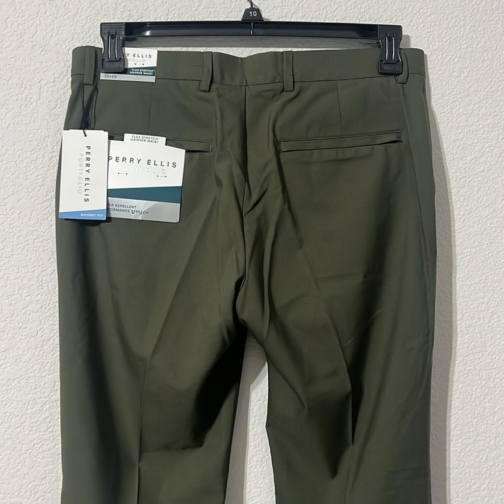Perry Ellis Men’s Skinny Fit Lightweight Dress Pants in Olive Green, Size 32x29
