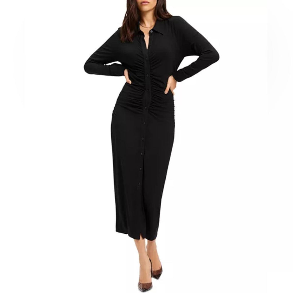 Good American Good Touch Ruched Midi Dress in Black, Size 1 New w/Tag