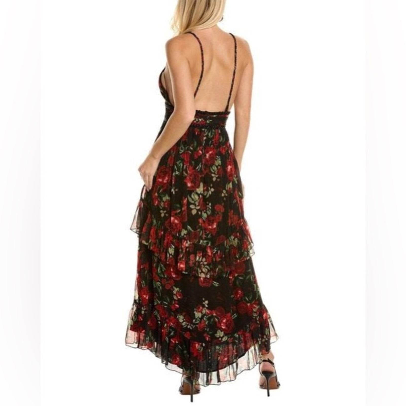 Rococo Sand Tiered Maxi Dress in Black/Red Roses, NWT, Size XS Retail $478