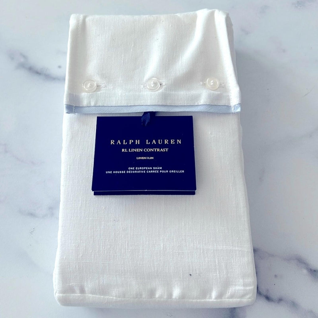 Ralph Lauren RL Linen Contrast Euro Sham in White/Sky New w/Tag $185
