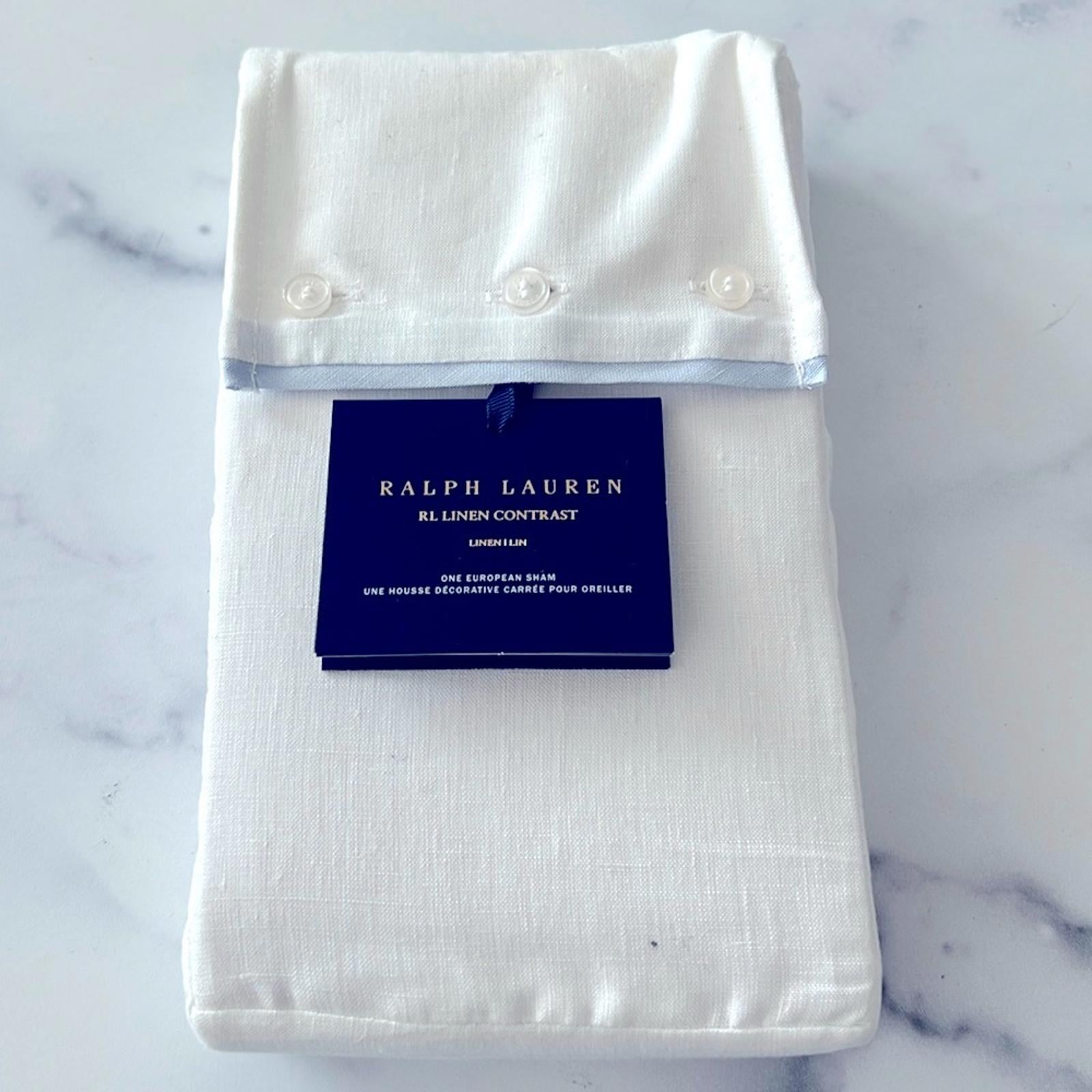 Ralph Lauren RL Linen Contrast Euro Sham in White/Sky New w/Tag $185