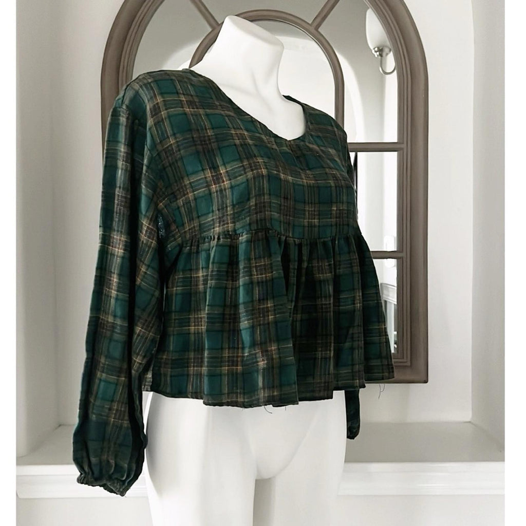 Chelsea & Violet Plaid Peplum Cropped Top in Olive, Size XS New w/Tag