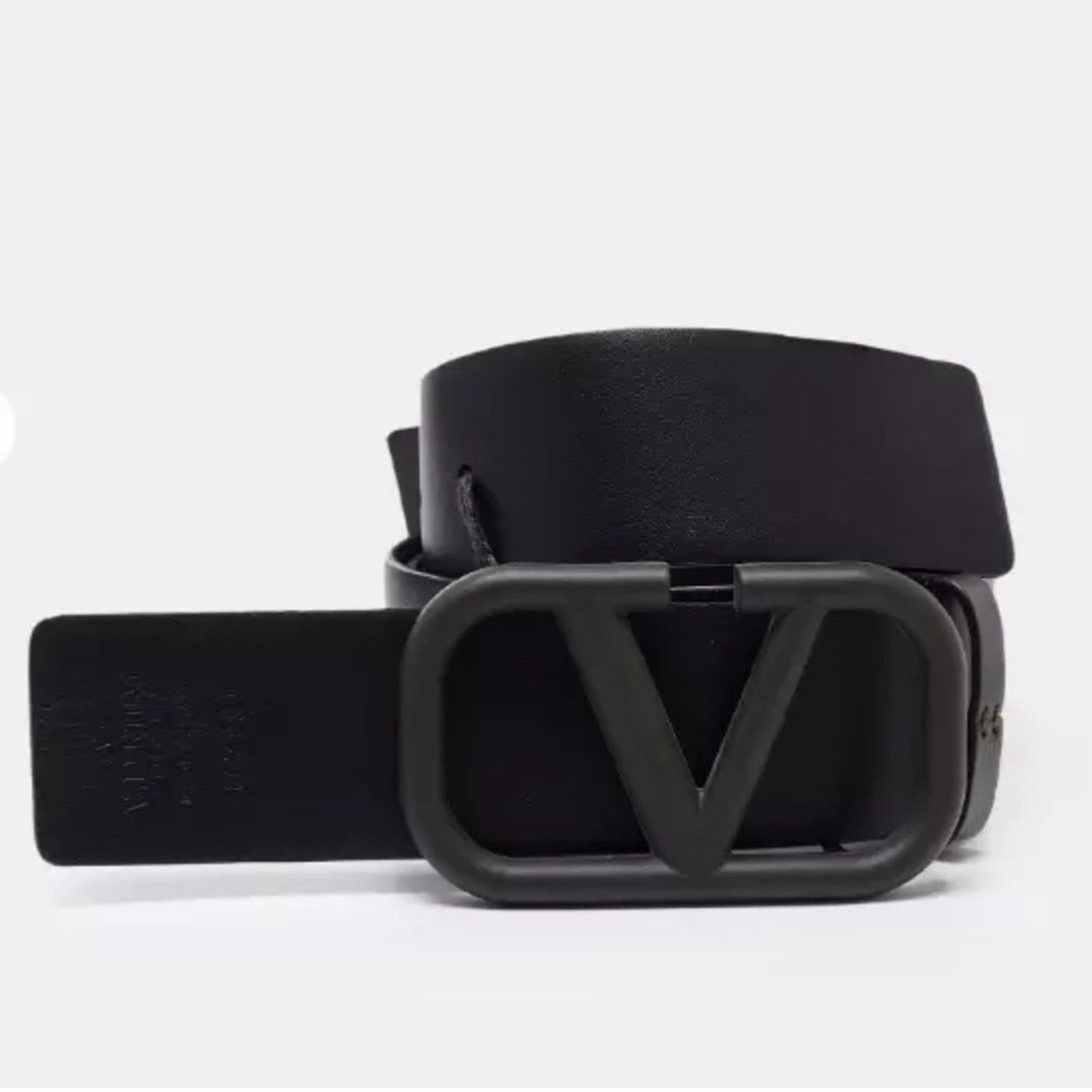 Valentino Garavani V-Logo Plaque Leather Belt in Olive Green, Size 90 New w/Tag