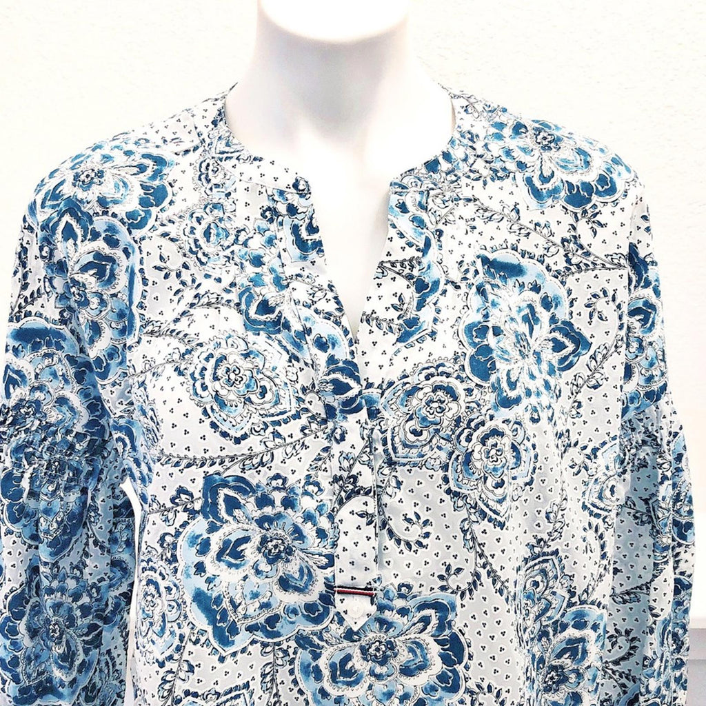 NWT Tommy Hilfiger Printed Blouson-Sleeve Blouse in Blue White Size S New w/Tag