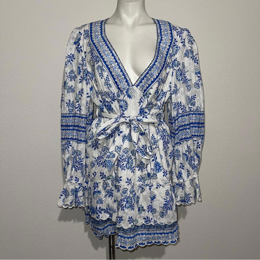 Hemant & Nandita Belted Mini Dress in Cobalt & White, NWT, Size XXL, Retail $405