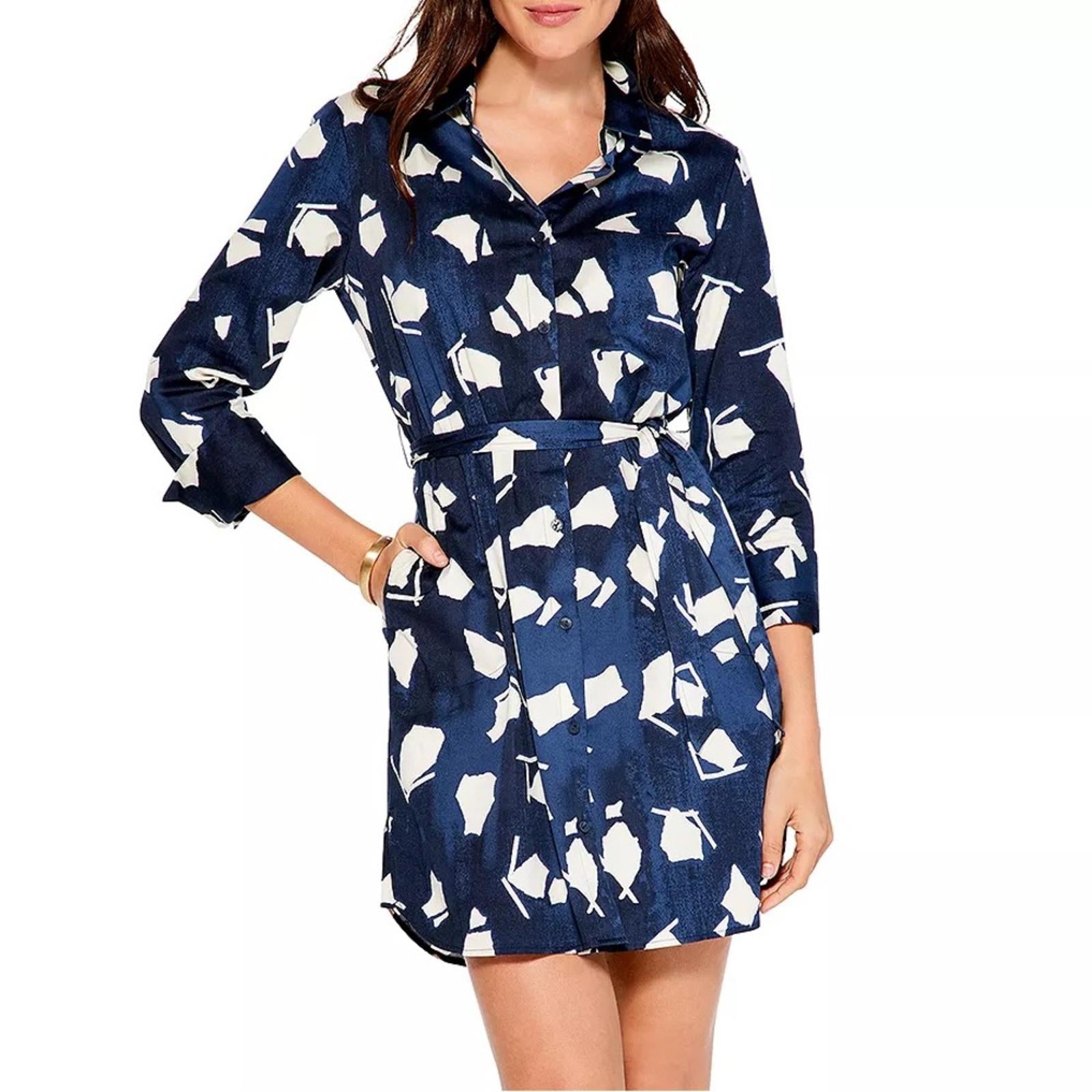 NIC+ZOE Collared Mosaic Blues Mini Dress in Indigo Multi Size L New w/Tag $218