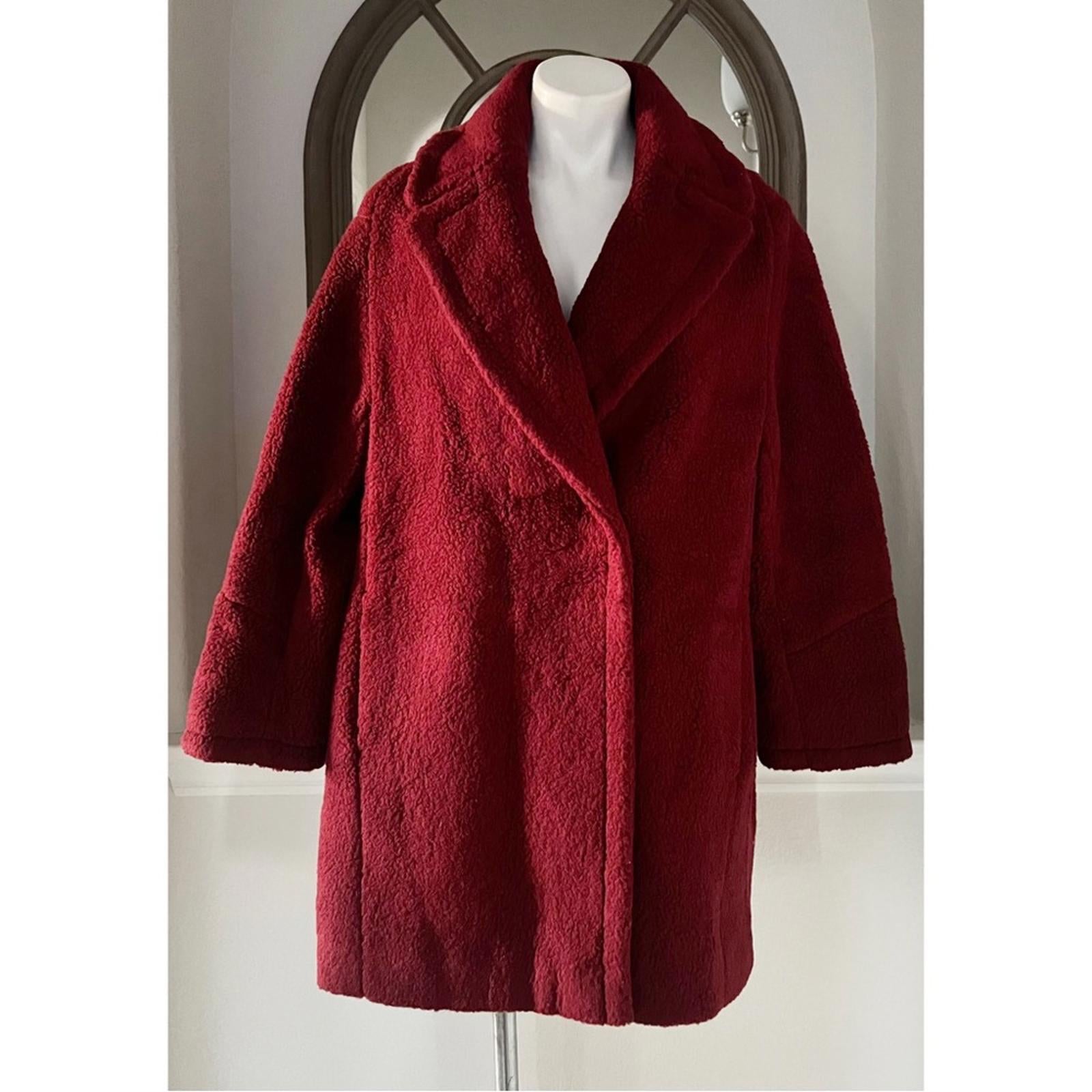 ICONS Cinzia Rocca Wool Teddy Pea Coat in Red, Size 10 NWT $1,005 Made in Italy