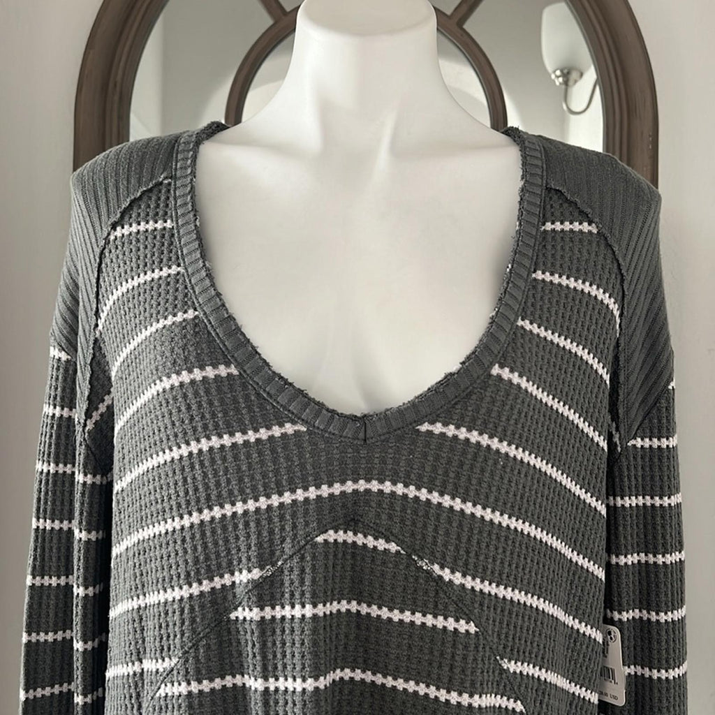 Free People Sunset Park Grey Oversized Striped Waffle Thermal Sweater Size M NWT