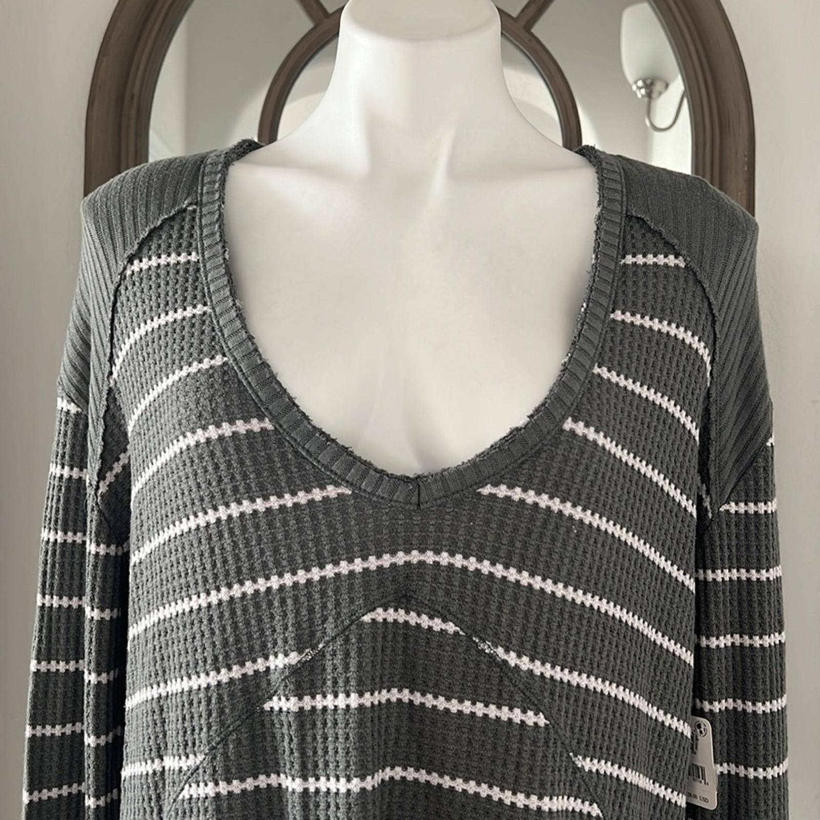 Free People Sunset Park Grey Oversized Striped Waffle Thermal Sweater Size M NWT