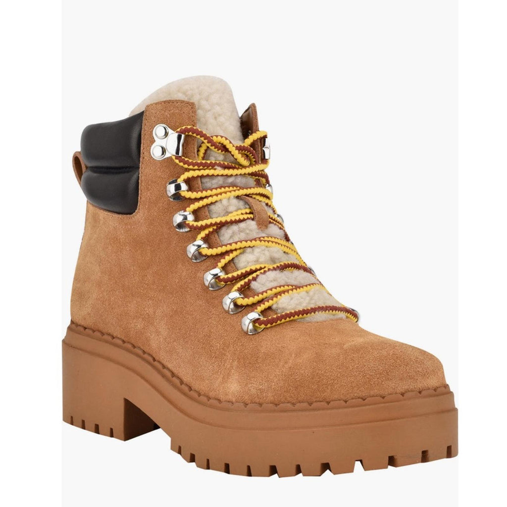 Marc Fisher LTD Nairy Lace-Up Genuine Shearling Lug Sole Bootie Tan, Size 7 NEW