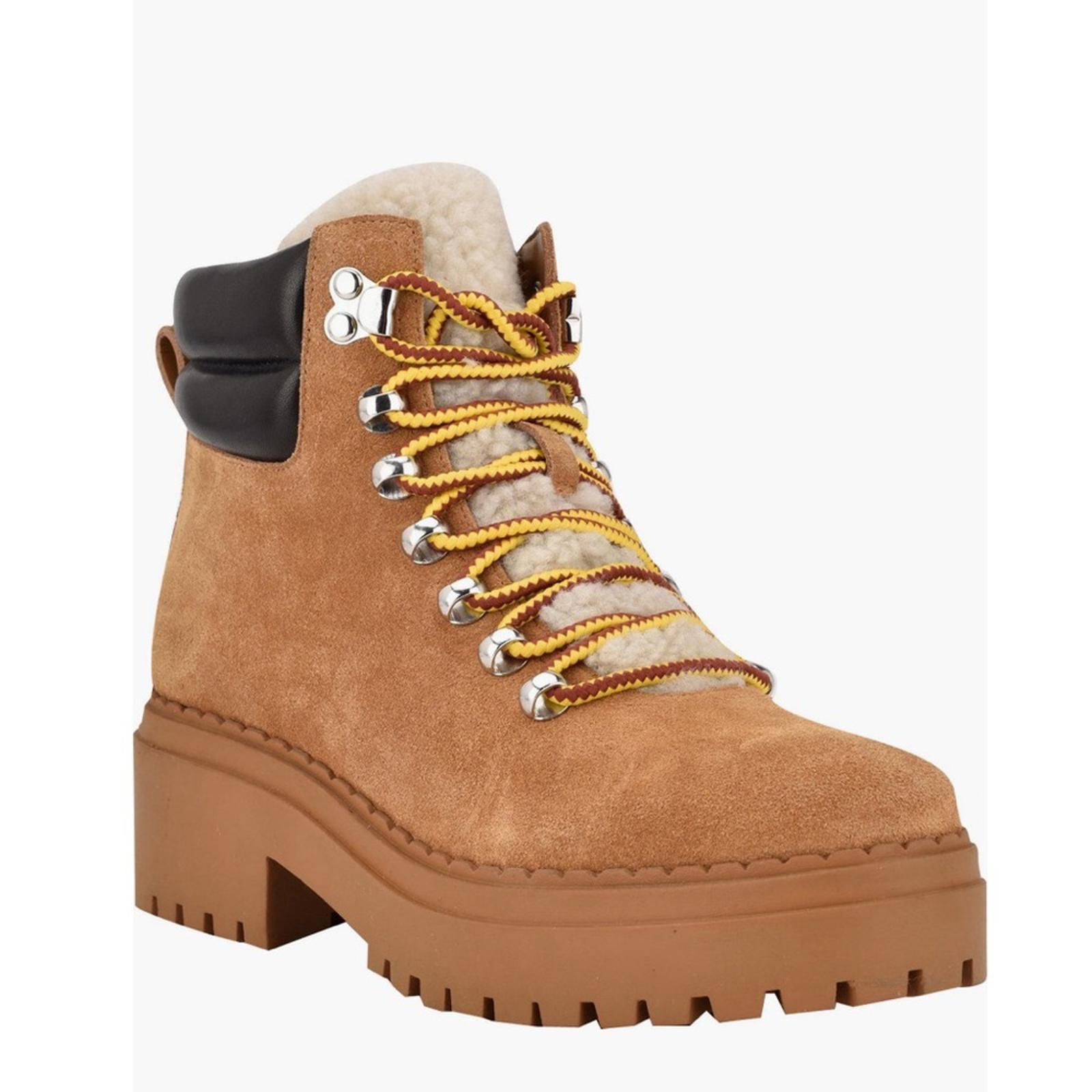 Marc Fisher LTD Nairy Lace-Up Genuine Shearling Lug Sole Bootie Tan, Size 7 NEW