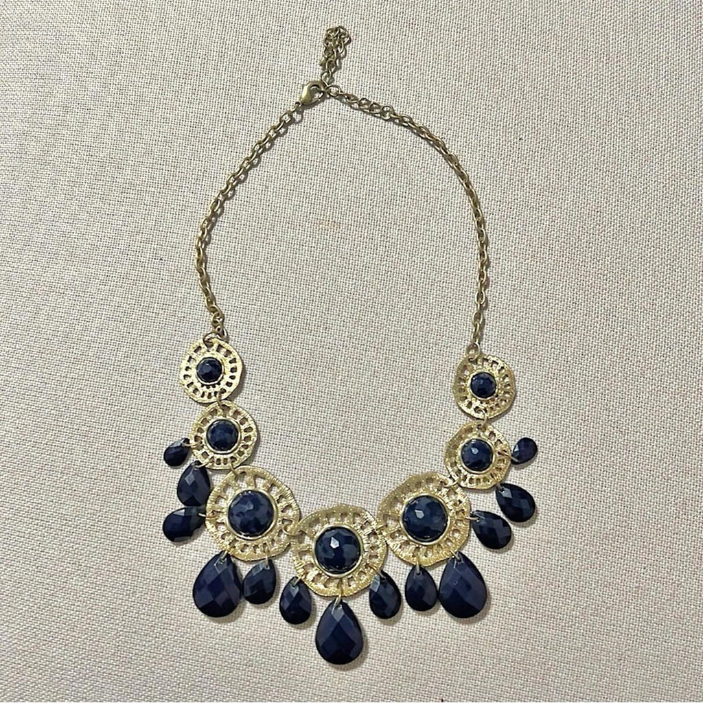 Gold-Tone Chain with Blue Rhinestones Necklace, Pristine Condition