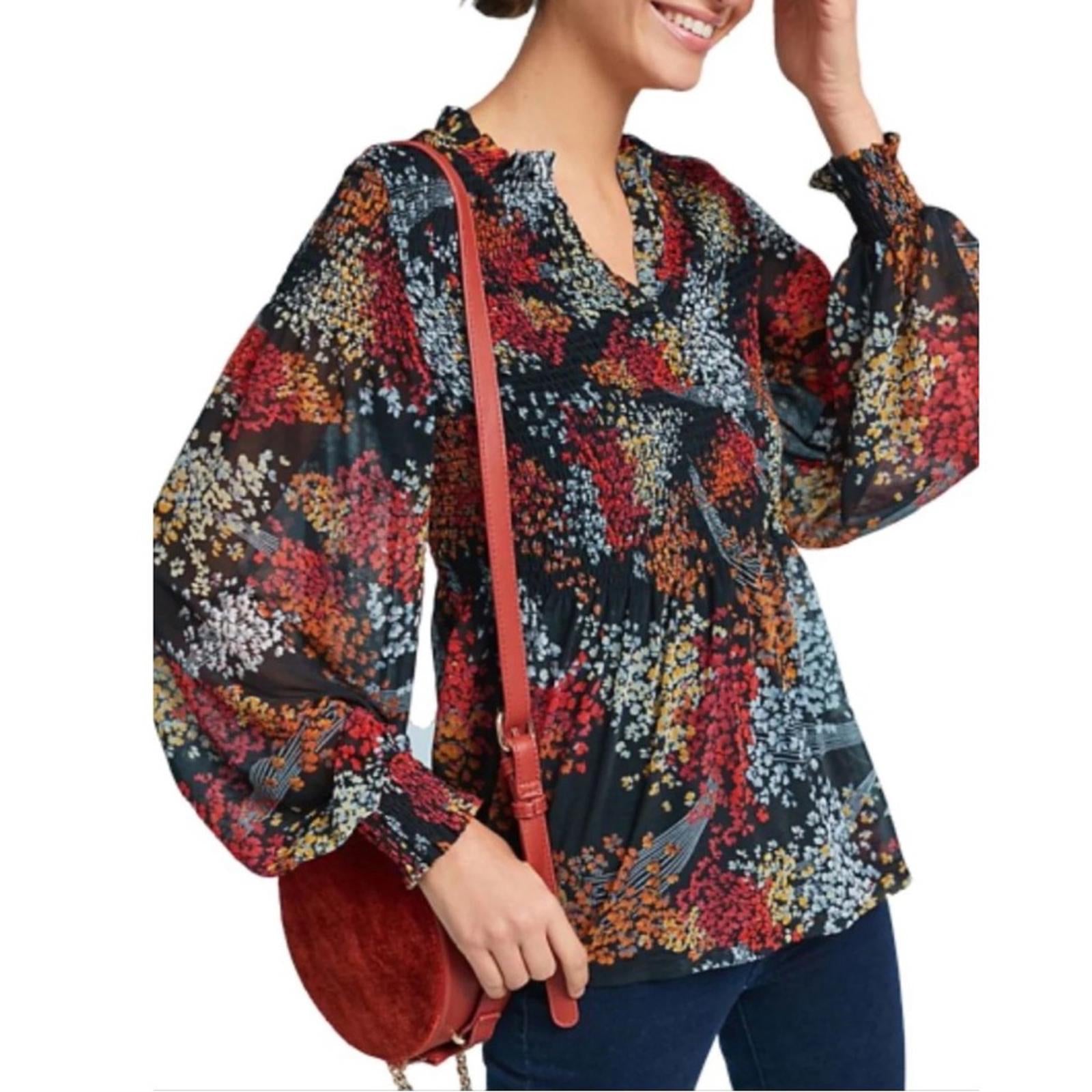 Anthropologie Akemi + Kin Balloon Sleeve Floral Chiffon Smocked Top Size S