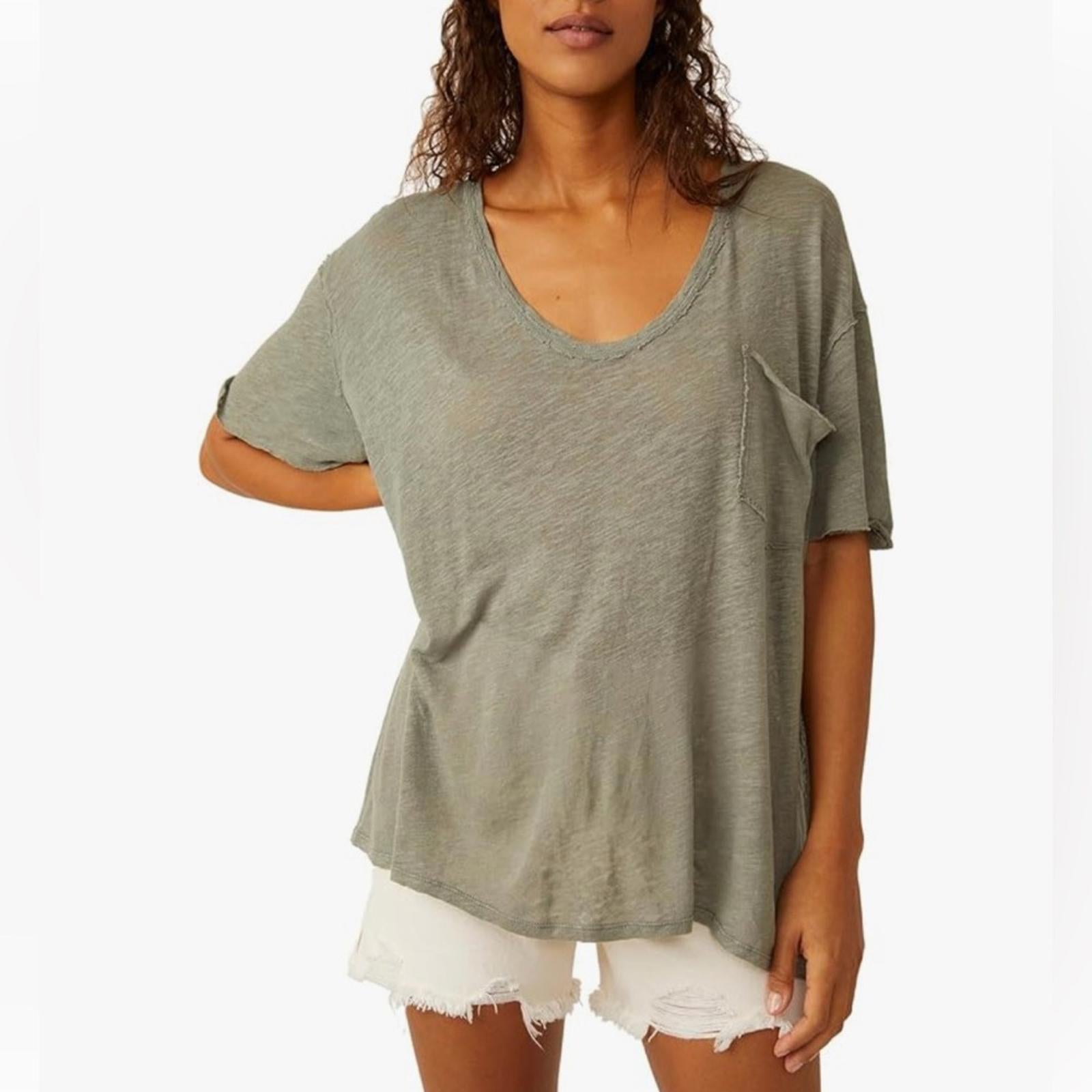 Free People Slouchy V-neck T-shirt in Khaki, Size M NEW w/Tag
