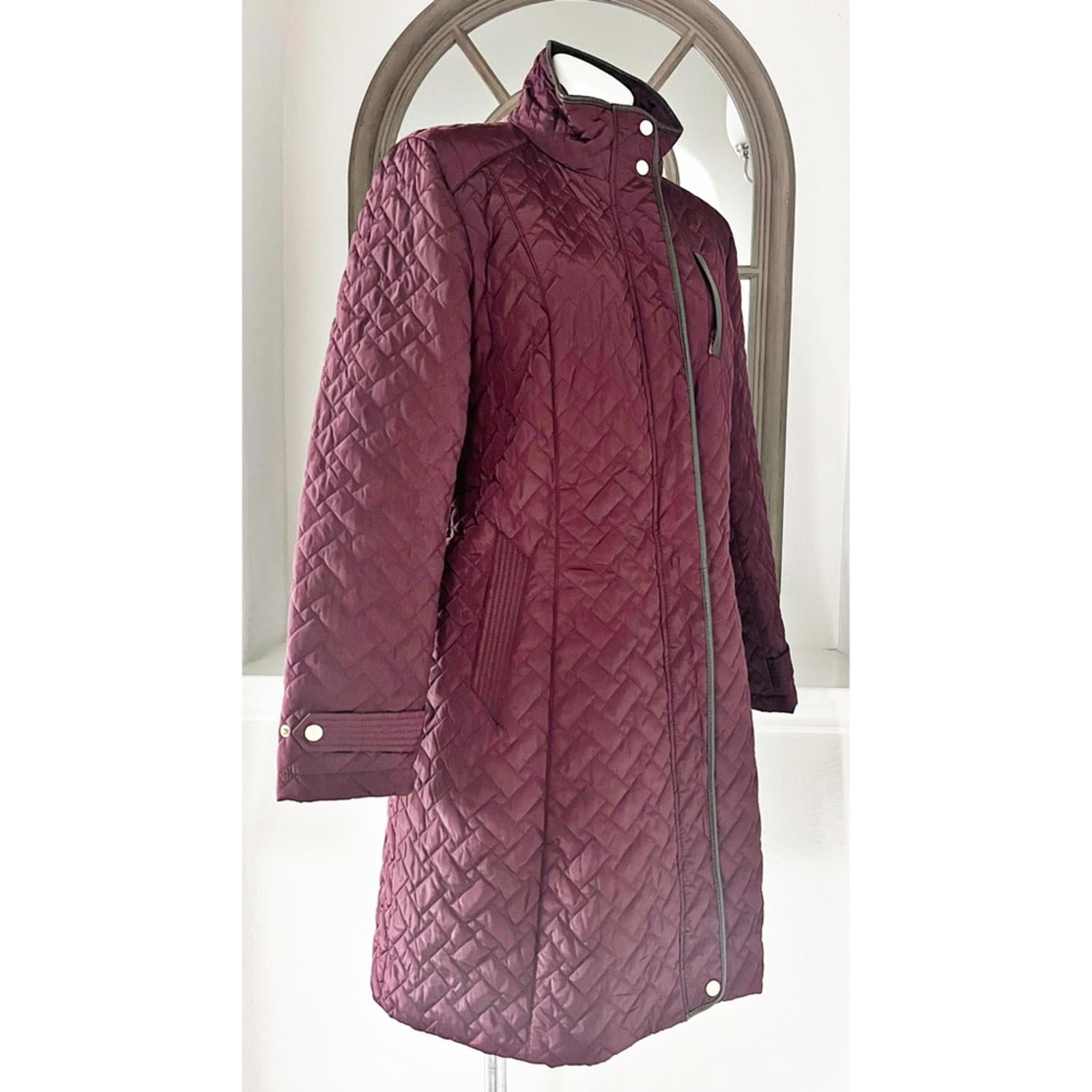 Cole Haan Burgundy Quilted Long Jacket w/Brown Leather Trim, NO BELT XL $260