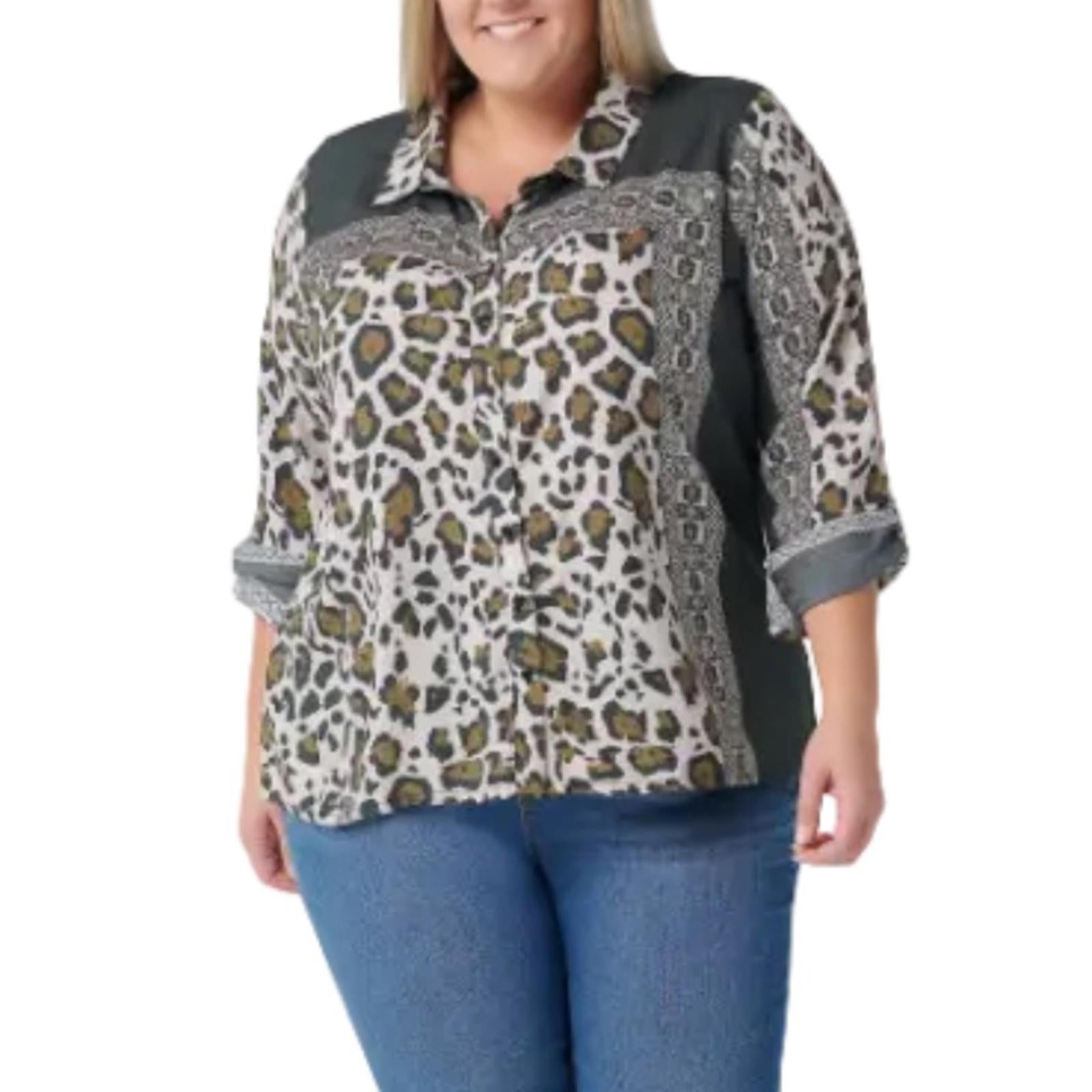 Tolani Collection Button Front Shirt in Grey Leopard Print, Size XL New w/Tag