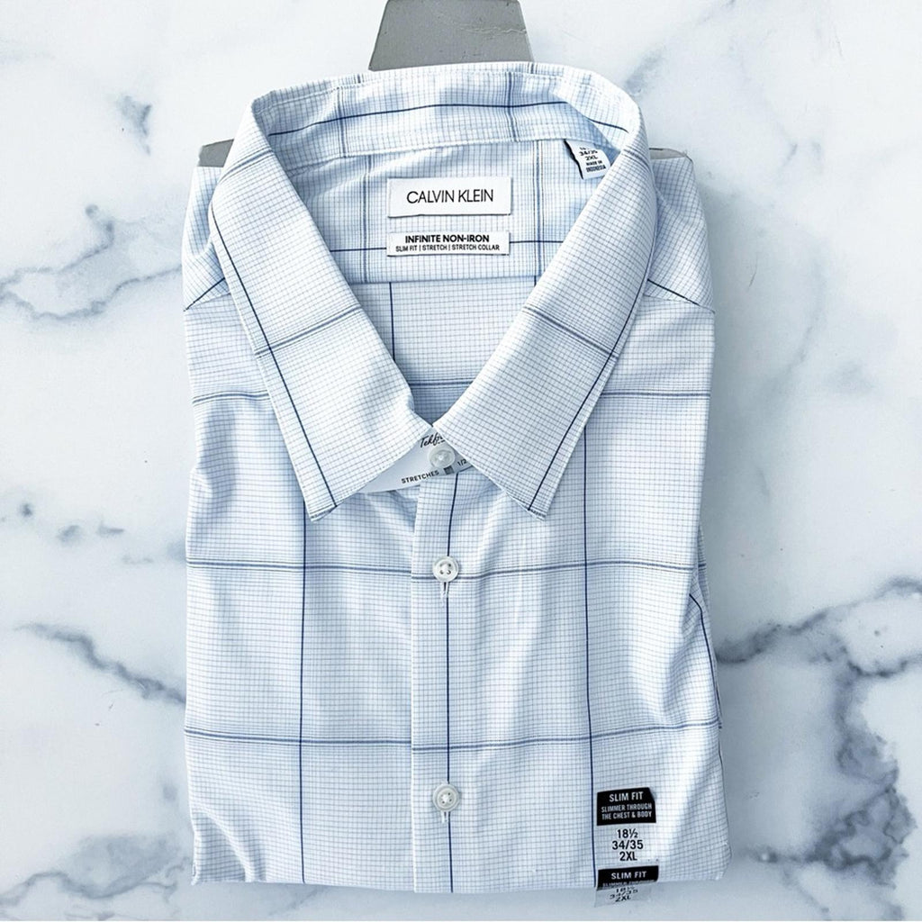 Calvin Klein Slim Fit Stretch Non-Iron Blue Dress Shirt, NWT, Size 18.5 (34/35)